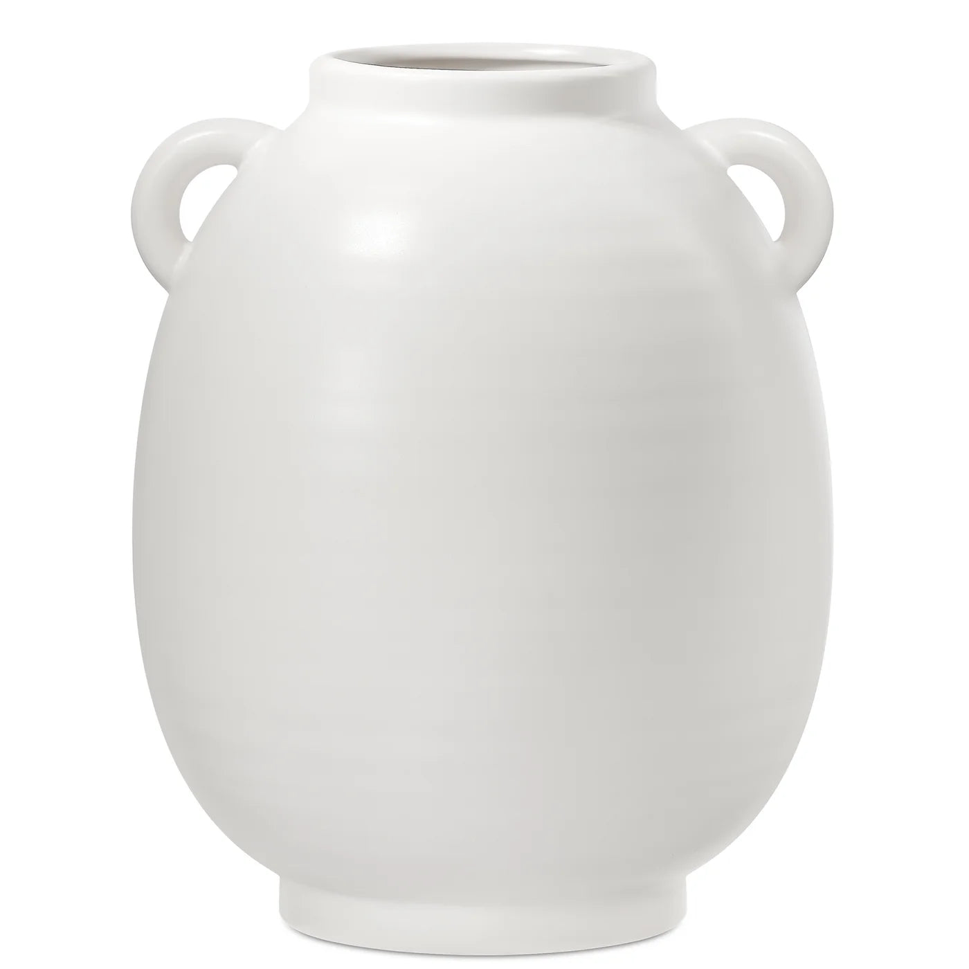White ceramic vase with two handles on a white background