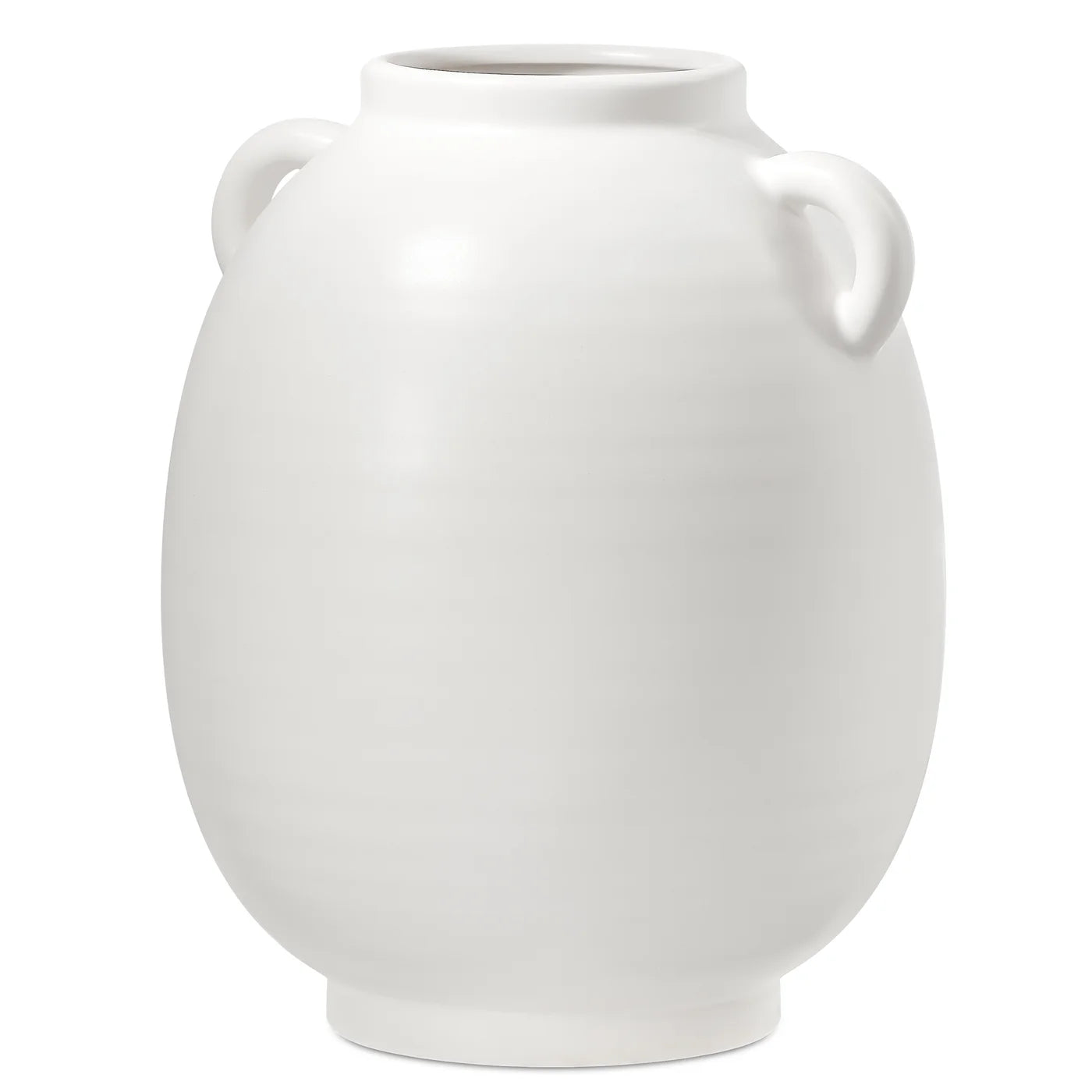White ceramic vase with two handles on a white background