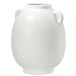 White ceramic vase with two handles on a white background