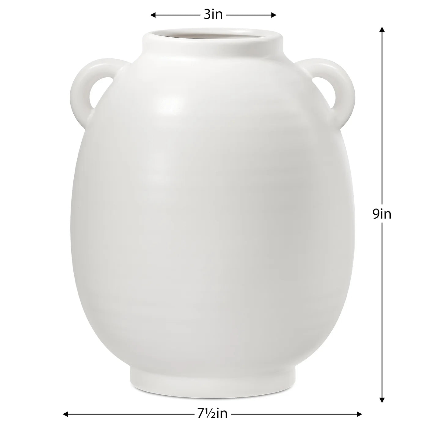 White vase with dimensions indicated on a white background