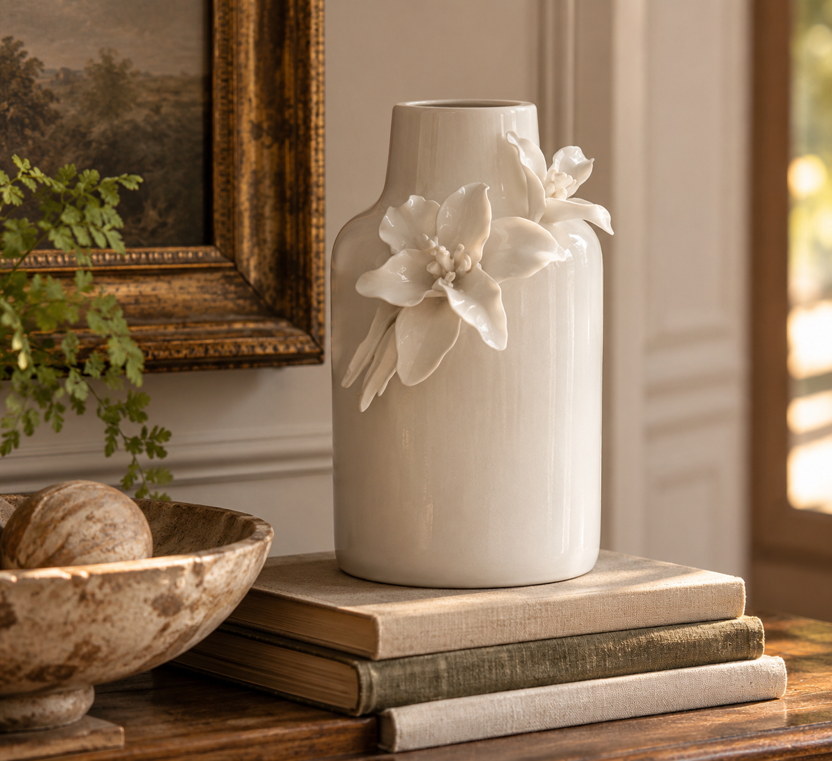 A tall, matte off-white ceramic vase with sculpted white flowers on the front, displayed on a stack of books on a wooden table in a styled interior setting.
