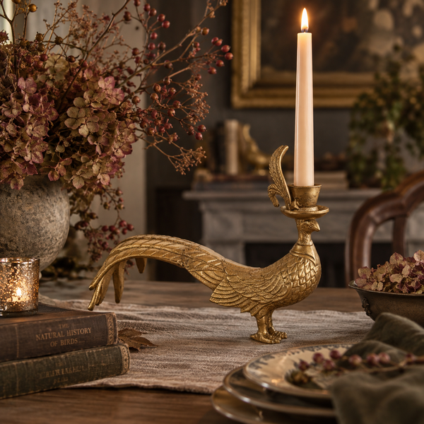 A brass rooster-shaped candle holder with a lit white taper candle, styled on a rustic table runner with vintage books, dried flowers, and plates in a warm, cozy room setting.