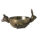 Bronze bowl with fox and rabbit handles on a white background