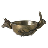 Bronze bowl with fox and rabbit handles on a white background