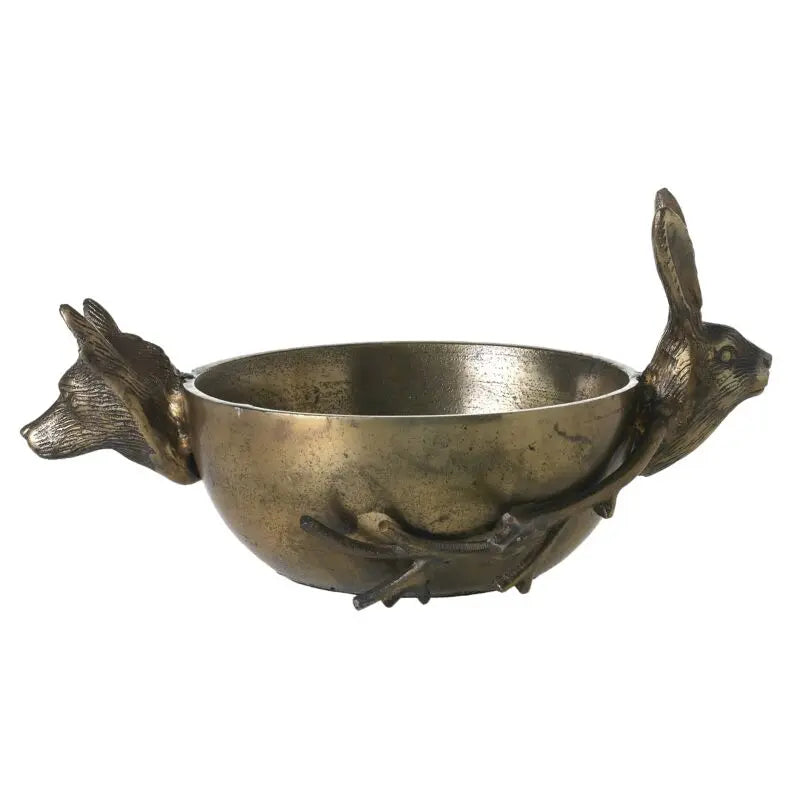 Bronze bowl with fox and rabbit handles on a white background