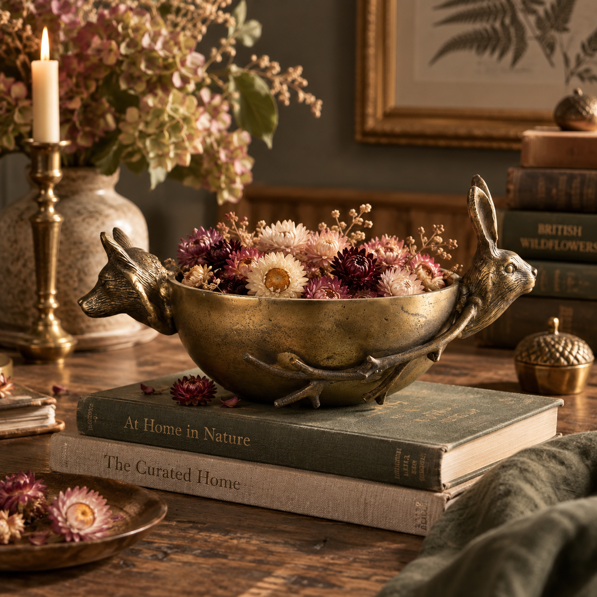 A decorative brass rabbit-shaped bowl filled with dried flowers, displayed on stacked books on a rustic wooden table with a candle and framed art in the background.