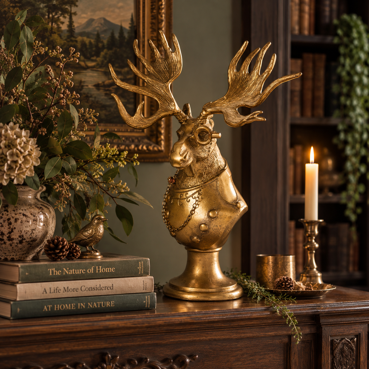 A decorative golden moose head bust sculpture with large antlers and a pedestal base, styled on a dark wooden console table in a cozy room setting with books, a lit candle, pinecones, and floral arrangements.