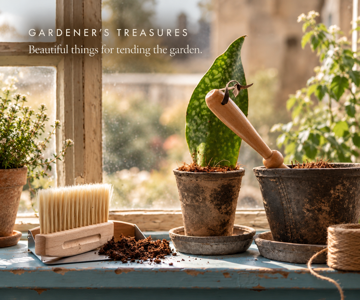 Potting bench within a shed looking outward through a window with pots, a pot scrubber and sweep set. 