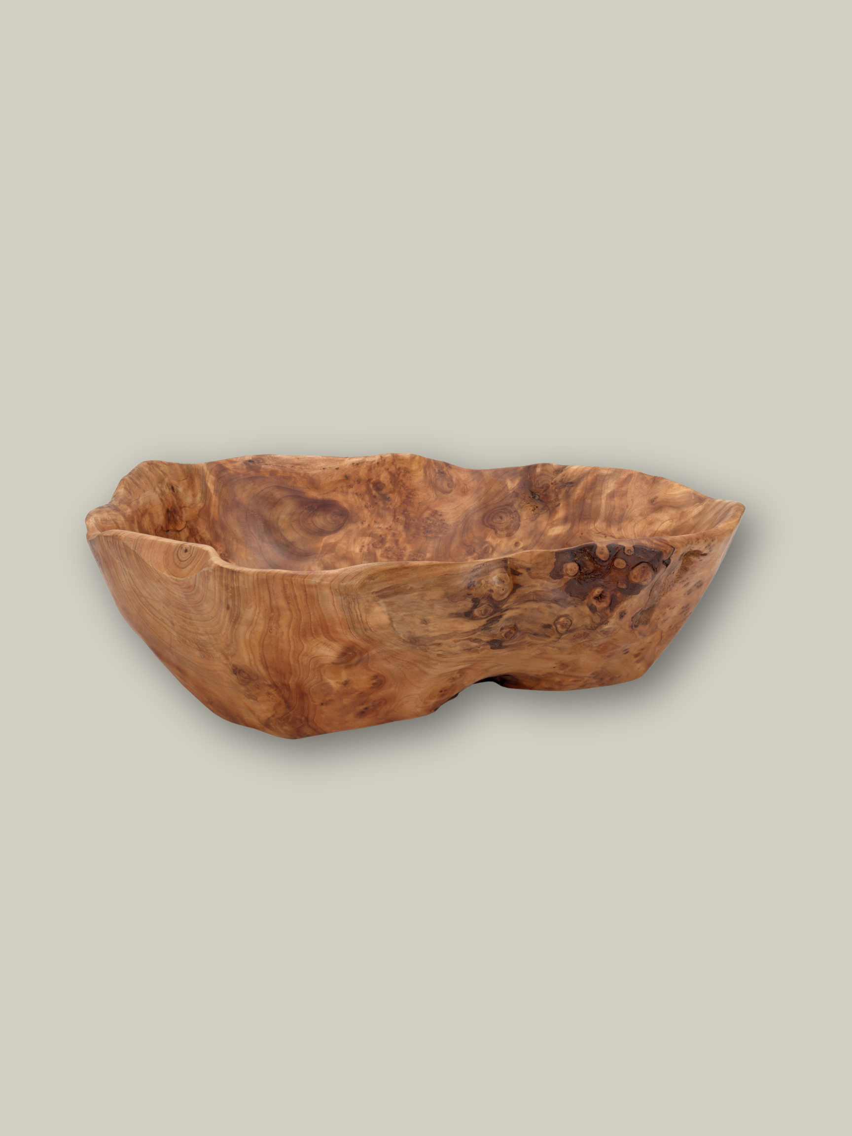 Beautiful hand carved Forest Legacy Bowl made from a fir stump left over from logging industry with a grey background