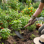 Gardener using a forged iron hand-held garden hoe to culivate in a garden filled with vegetable plants. 