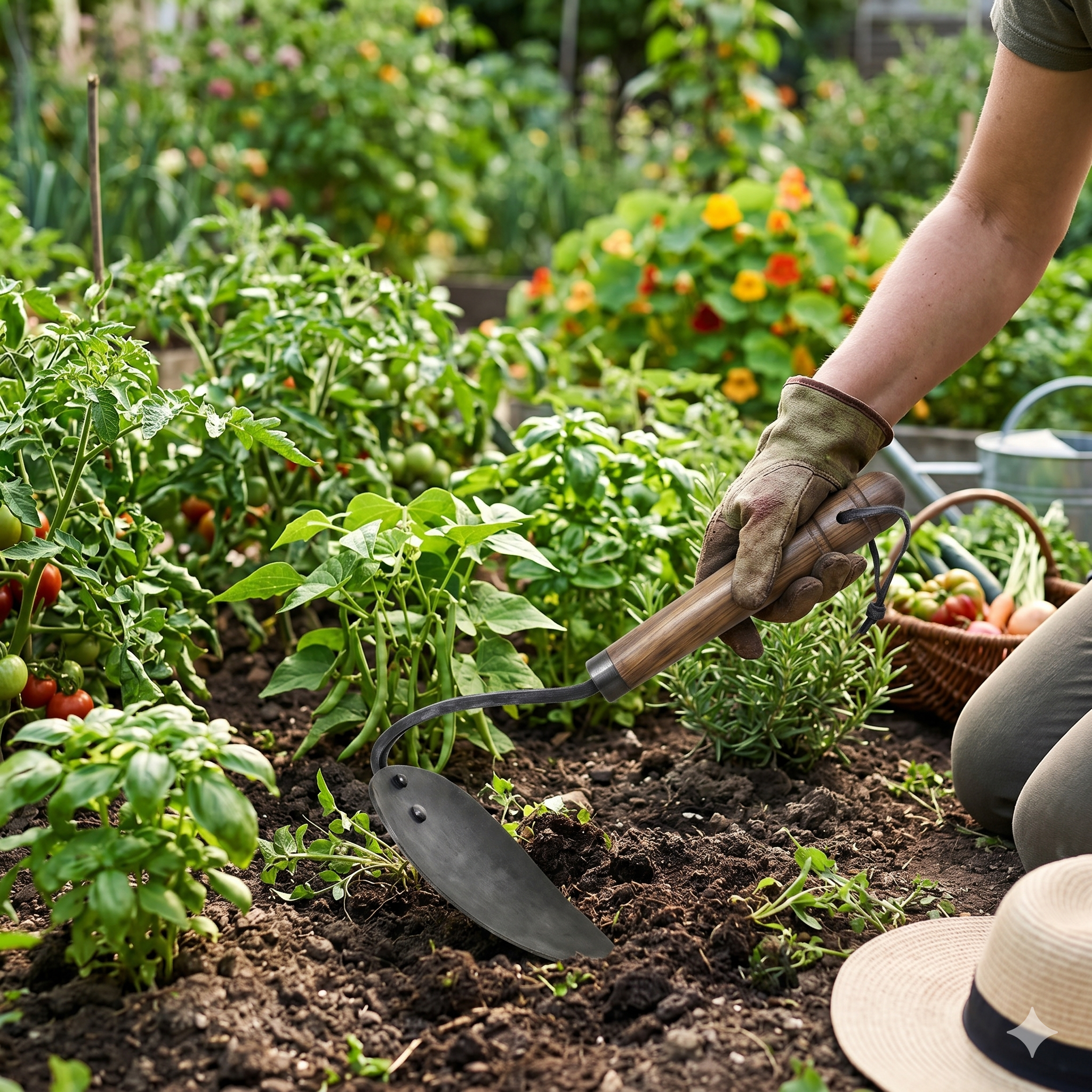 Gardener using a forged iron hand-held garden hoe to culivate in a garden filled with vegetable plants. 