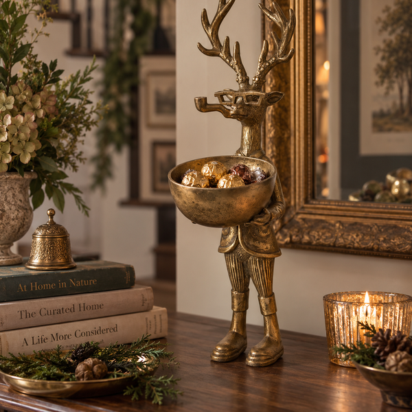 A decorative brass deer figurine holding a bowl of ornaments, styled on a wooden table in a warm, decorated interior with books, a mirror, and a candle.