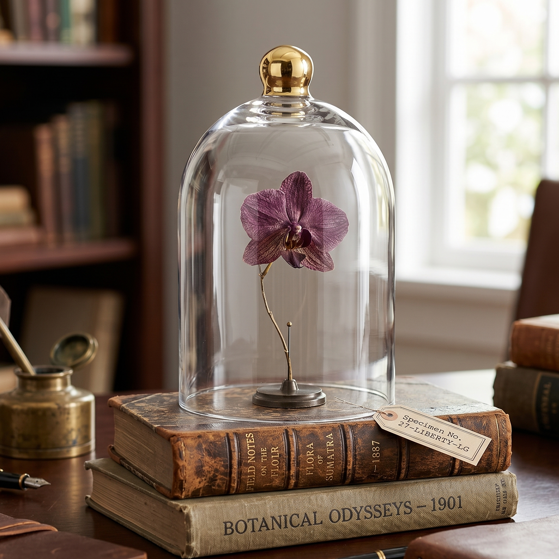 Purple orchid under a glass dome on top of vintage books with a pen and inkwell in the background.