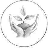 Illustration of two hands holding a seedling with a circular border