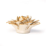 A ceramic Dahlia sculpture with cream-coloured glazed petals and earthy-brown accents, set against a plain white background.