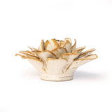 A ceramic Dahlia sculpture with cream-coloured glazed petals and earthy-brown accents, set against a plain white background.