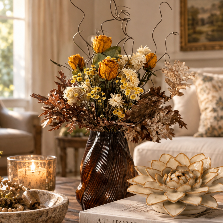 A styled interior scene with a dark amber glass vase holding a dried floral arrangement in a living room. The arrangement includes yellow, cream, and brown botanicals.