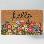 Doormat with floral design and 'hello' text on a plain background