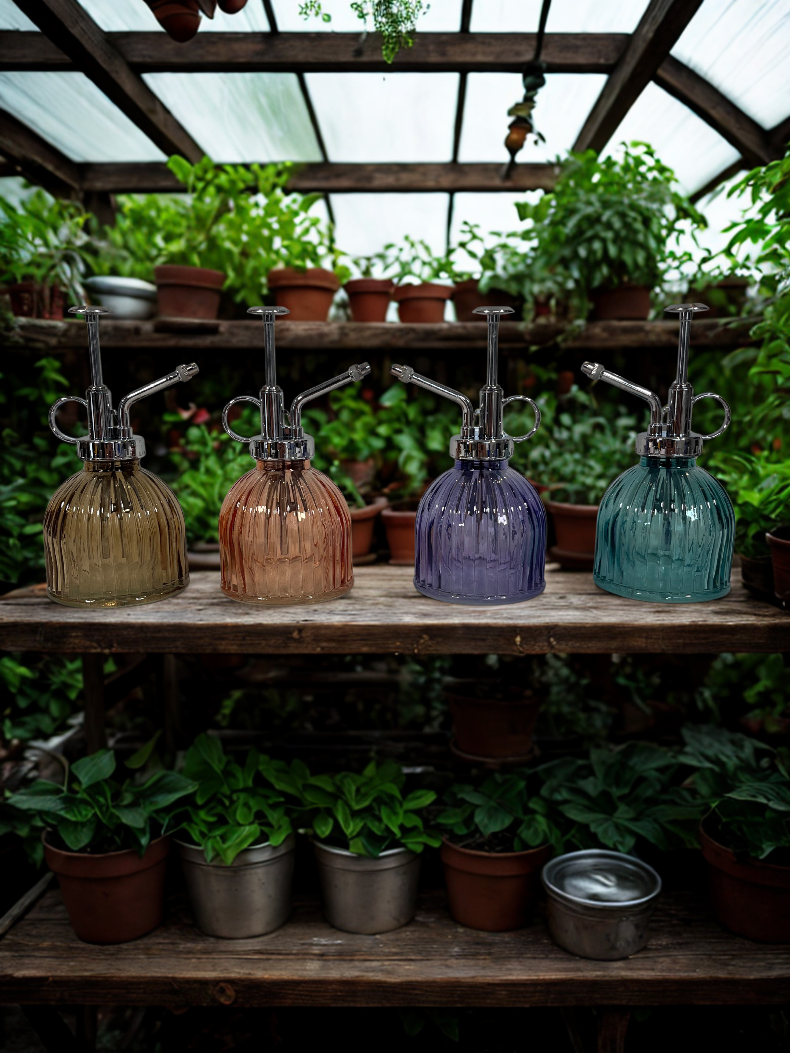Four glass plant misters on a wooden shelf with plants in the background