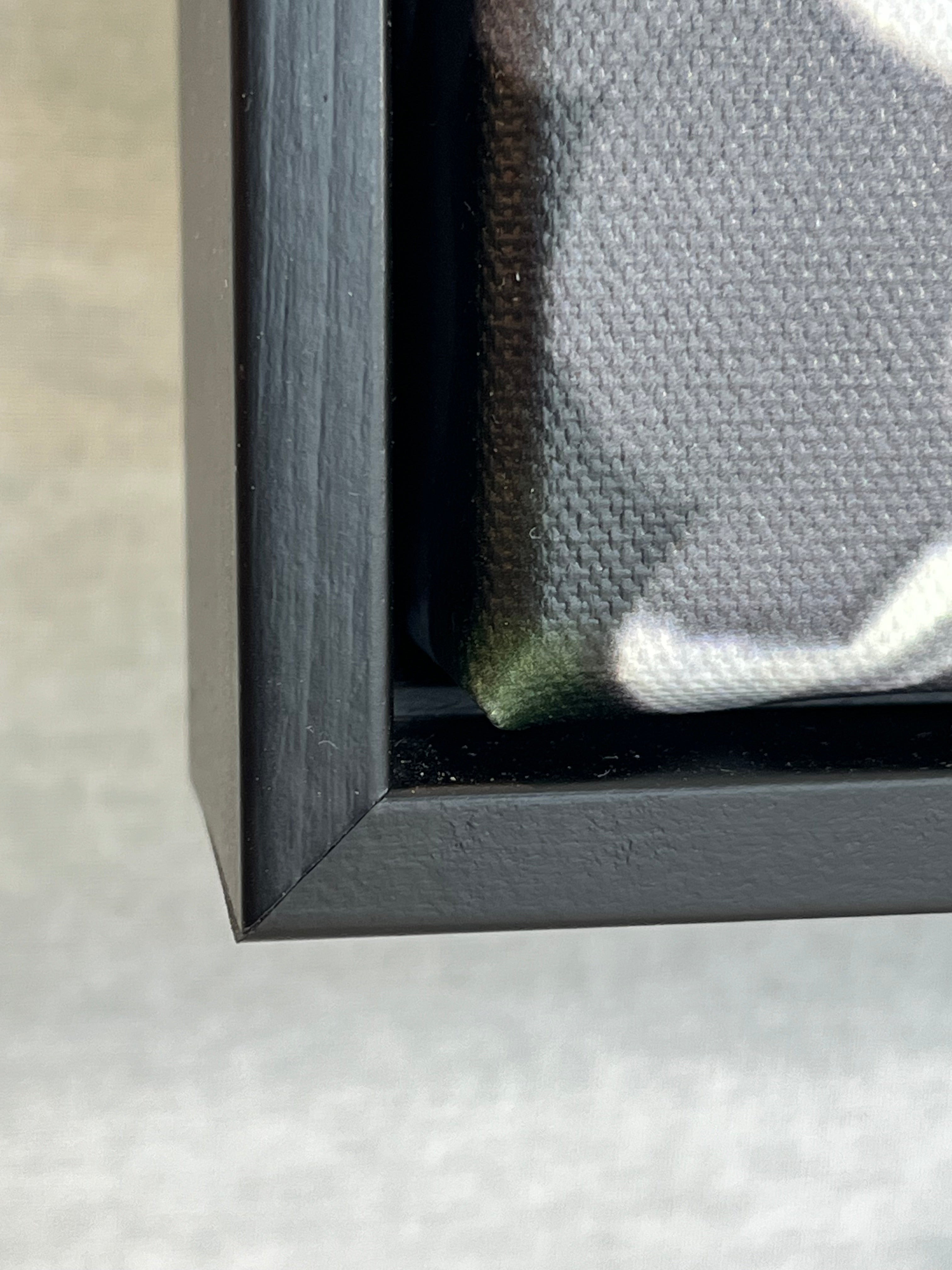 Close-up of a black framed photography on a textured gray background