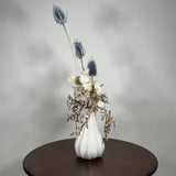 Vase of dried floral arrangement made with delicate, lace-like petals of white Cape Flowers against the intriguing, sculpted heads of blue Teasels. Adding airy lightness and enduring colour is German Statice. 