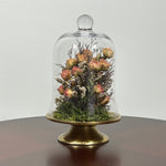 The floral composition features lovely soft pink spray roses, blending harmoniously with the subtle textures of German Statice (sea lavender) and the delicate purple of caspia lavender. Spanish moss provides a soft, textural foundation, completing this miniature world of preserved loveliness. It is built on an antiqued gold pedestal covered by a clear glass cloche. 