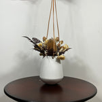 White hanging planter with beautiful dried flowers arrangement with burgundy bracken, ivory helichrysums, Nigel seed pods, natural teasels, and ivory phalaris on a beige background