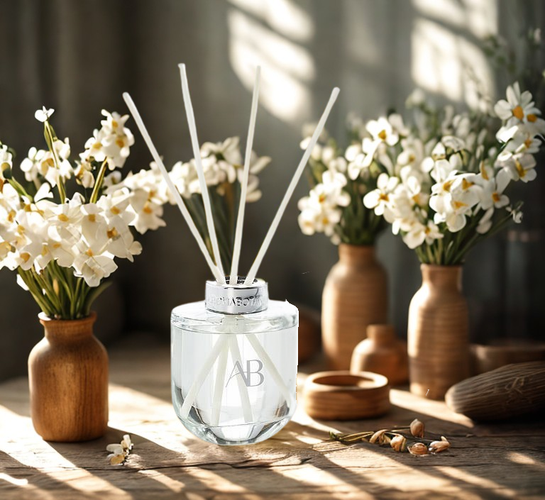 Reed diffuser with floral arrangement on a wooden surface