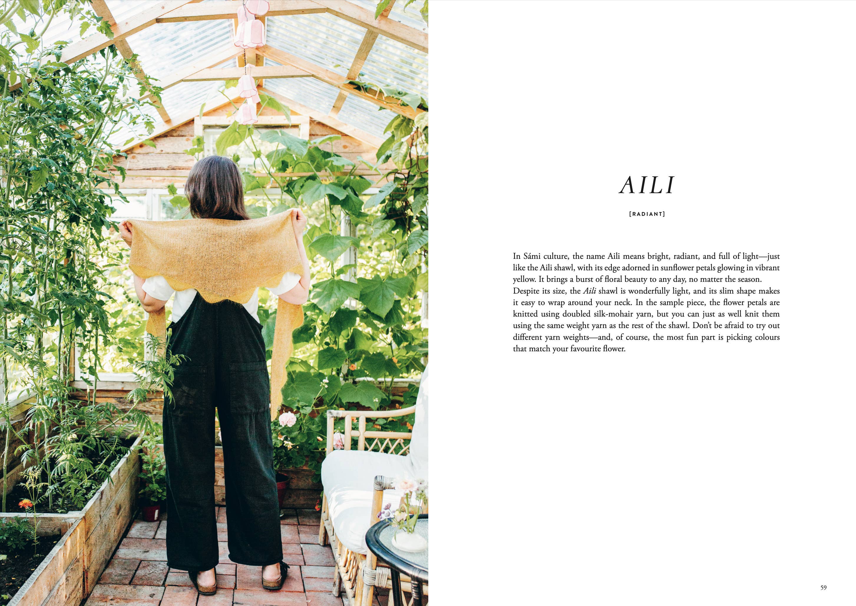 Person holding a yellow garment in a greenhouse with text on the right side.