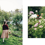 Woman walking through a garden with close-up of flowers inset