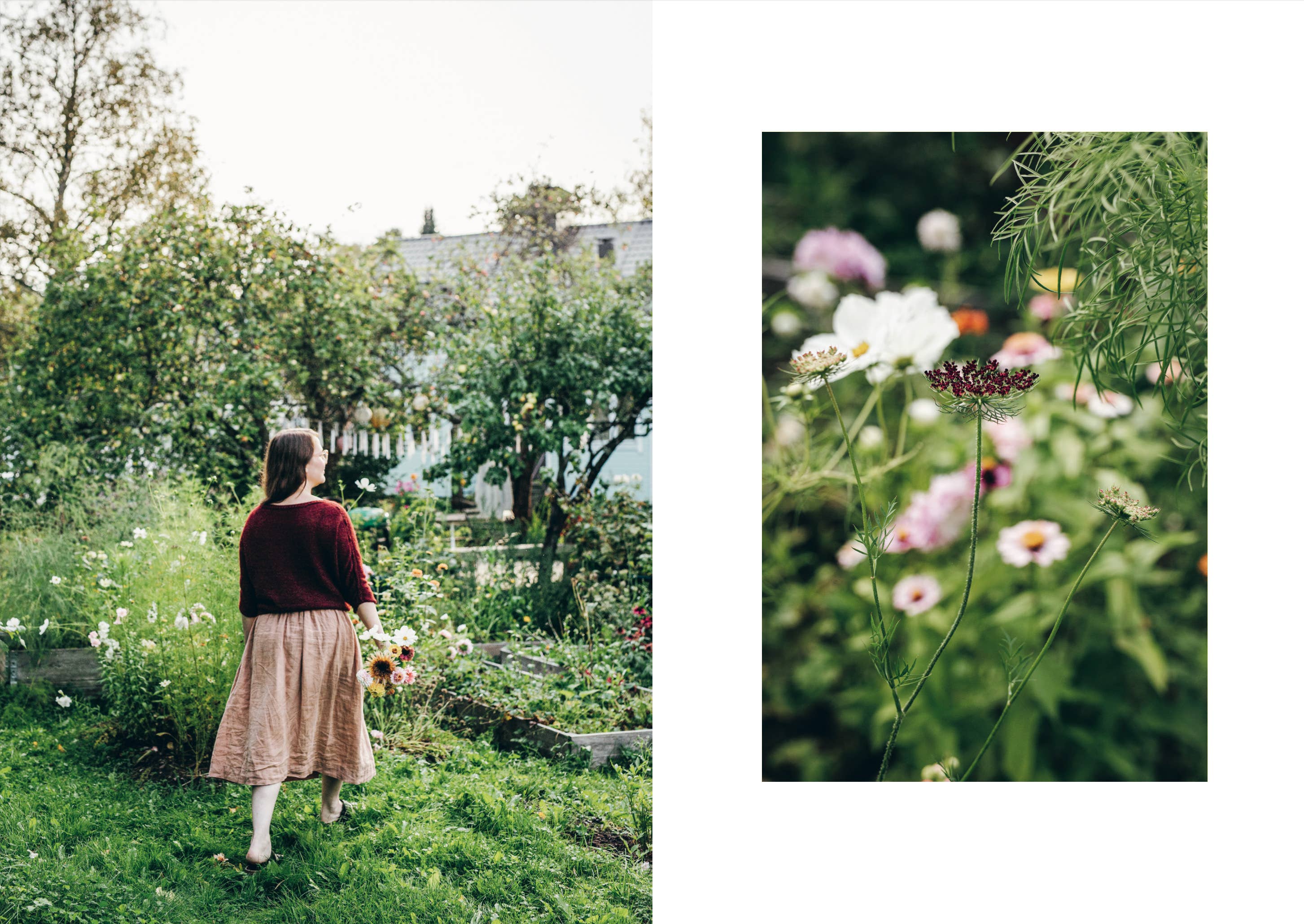 Woman walking through a garden with close-up of flowers inset