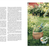 Book page with text on the left and a wicker basket with vegetables on a grassy field on the right.