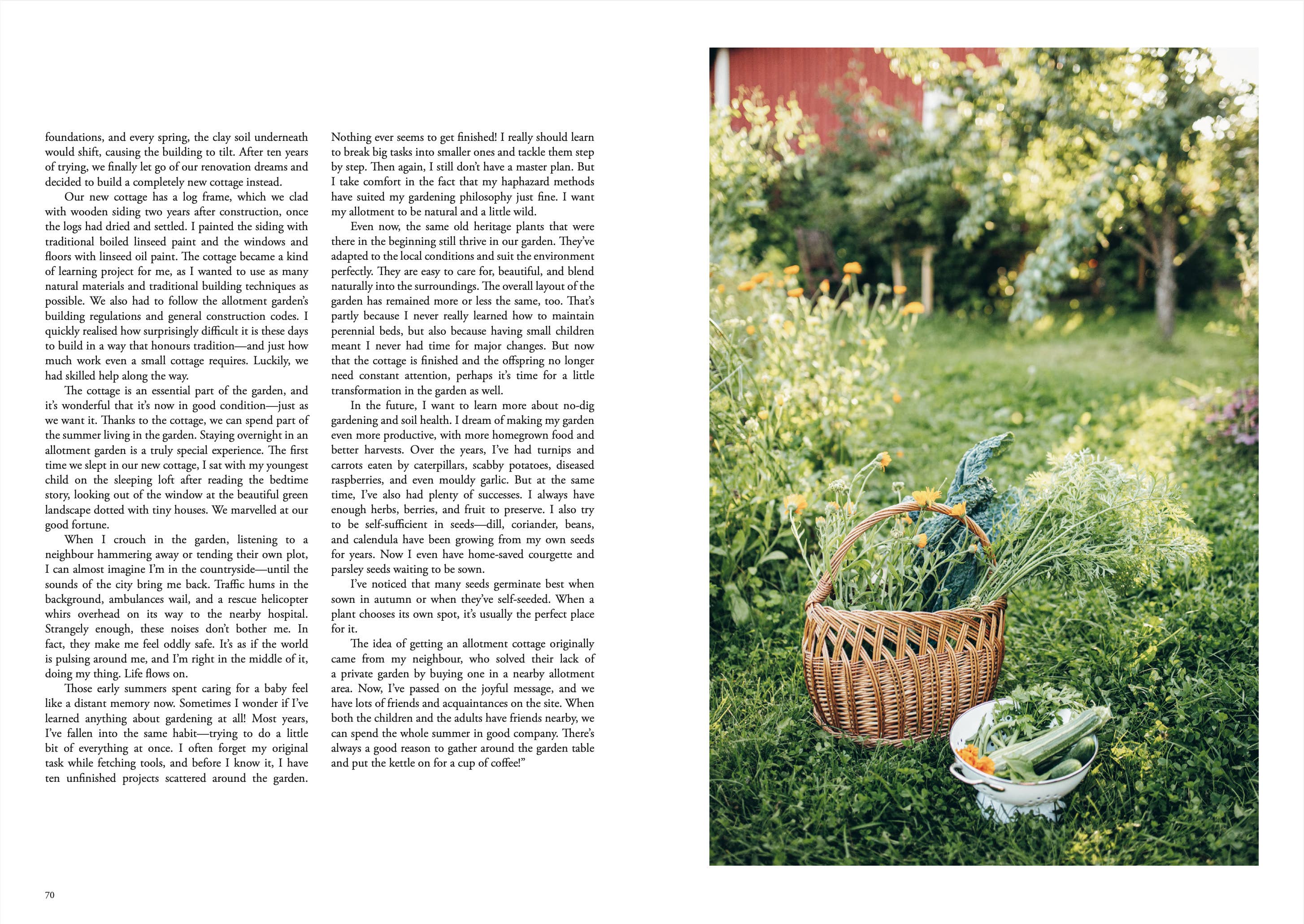 Book page with text on the left and a wicker basket with vegetables on a grassy field on the right.