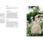 Woven handbag held by a person in a floral setting with product specifications on the left.