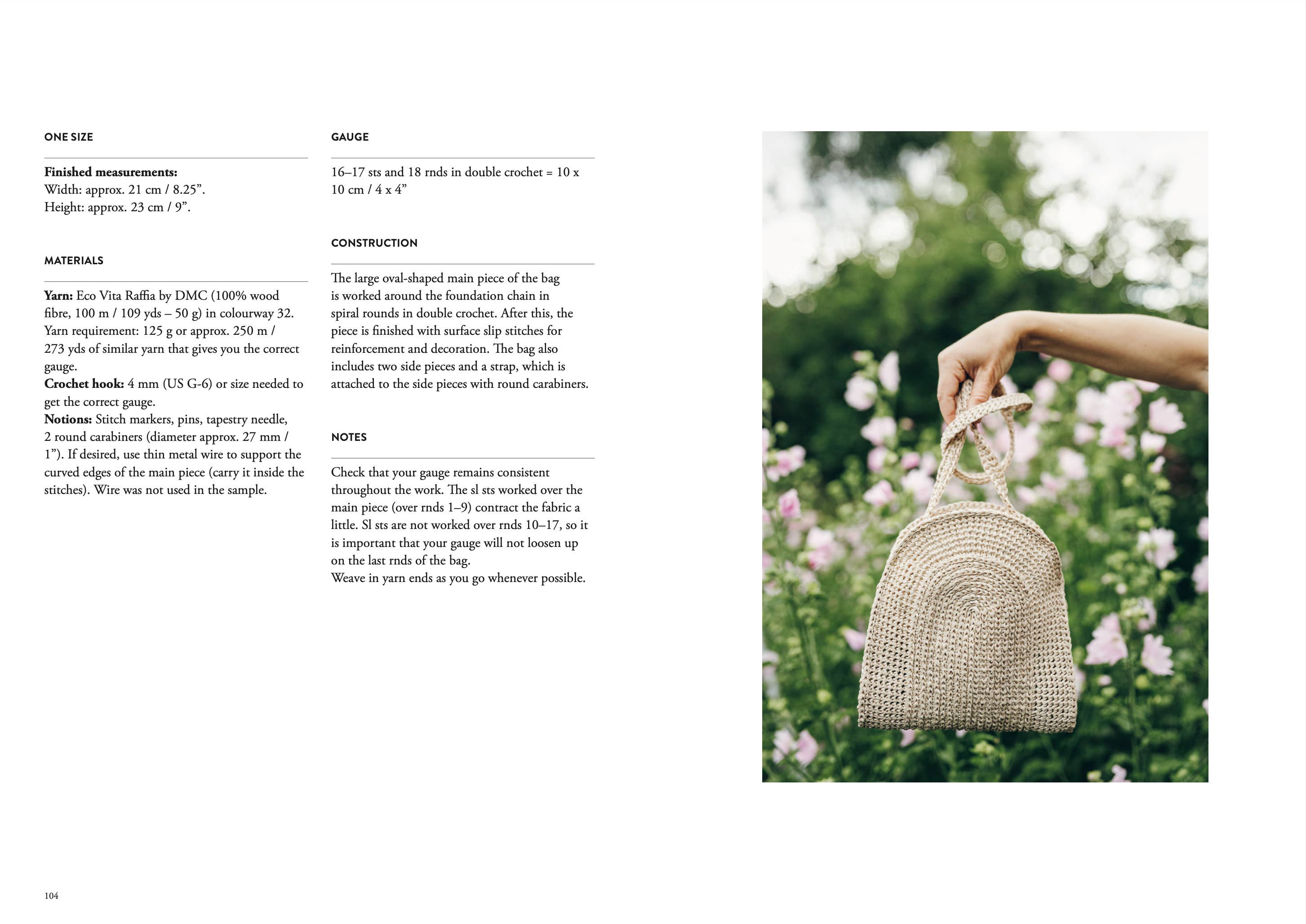 Woven handbag held by a person in a floral setting with product specifications on the left.
