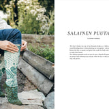 Person wearing patterned socks sitting on a stone bench with text on a white background.