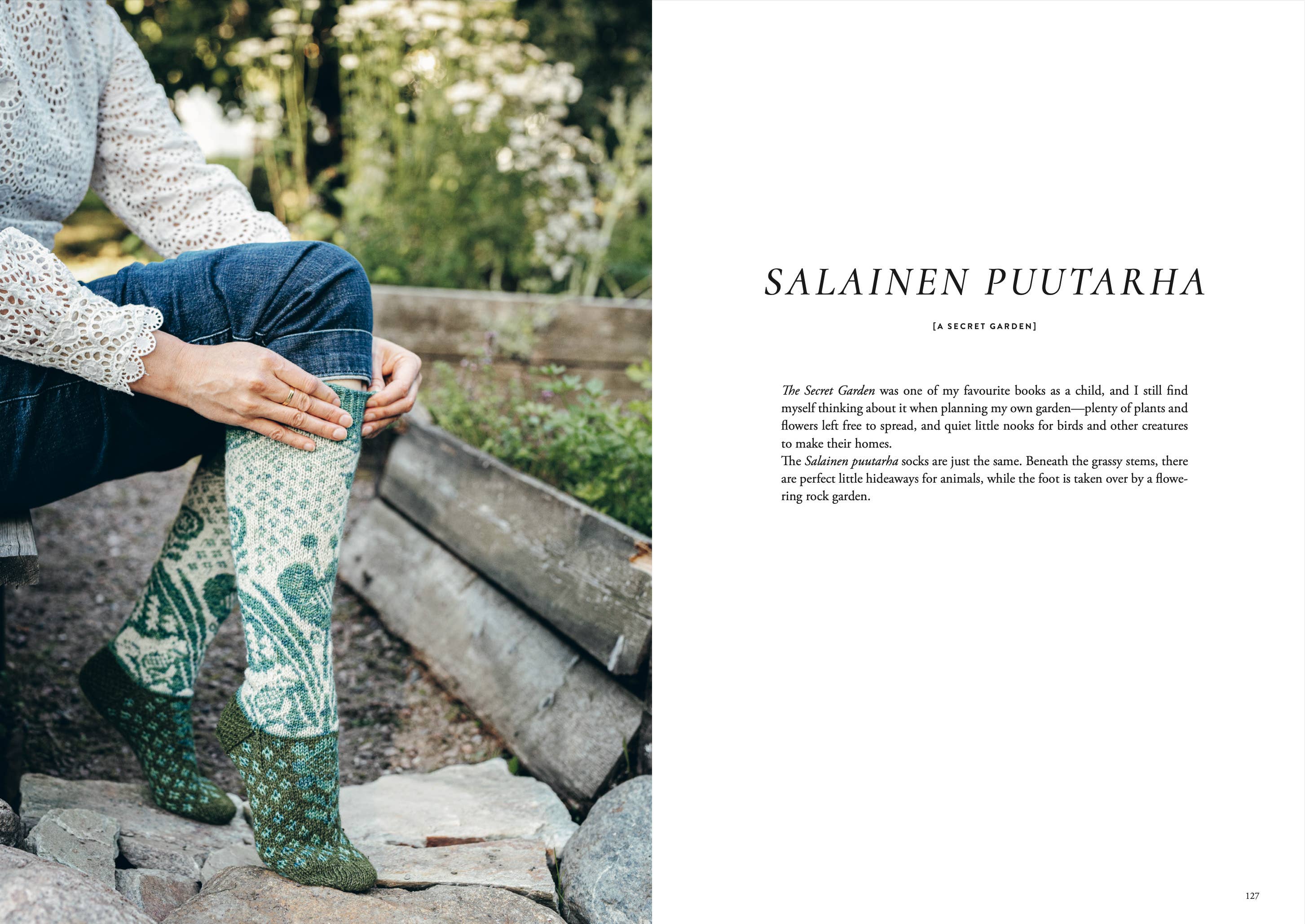 Person wearing patterned socks sitting on a stone bench with text on a white background.