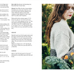 Woman wearing a knitted sweater in a garden with text on the left side