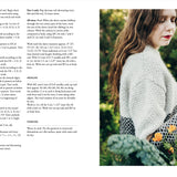 Woman wearing a knitted sweater in a garden with text on the left side