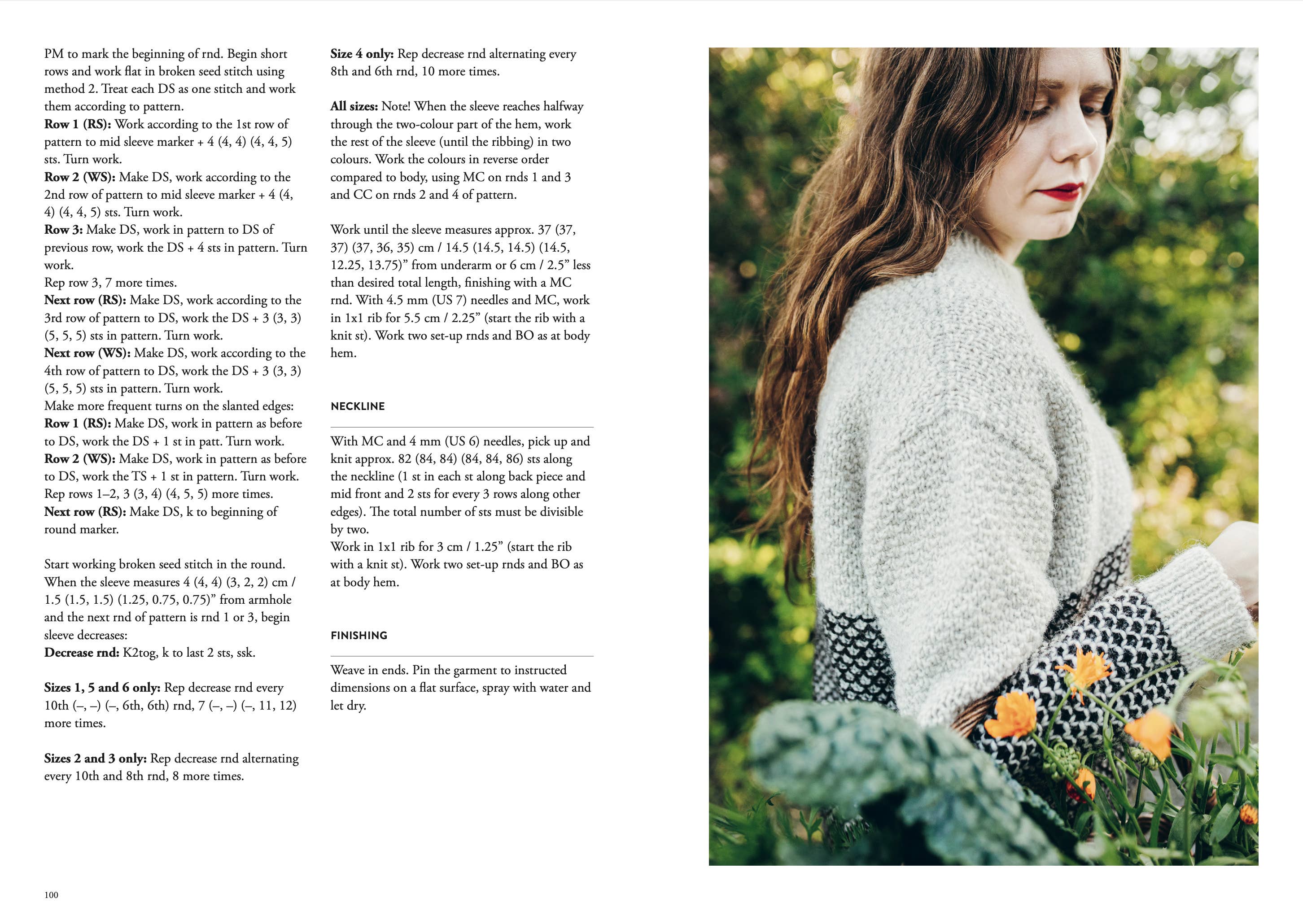 Woman wearing a knitted sweater in a garden with text on the left side
