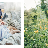 Two images: one of a person sitting on a bed, the other of a field with wildflowers.