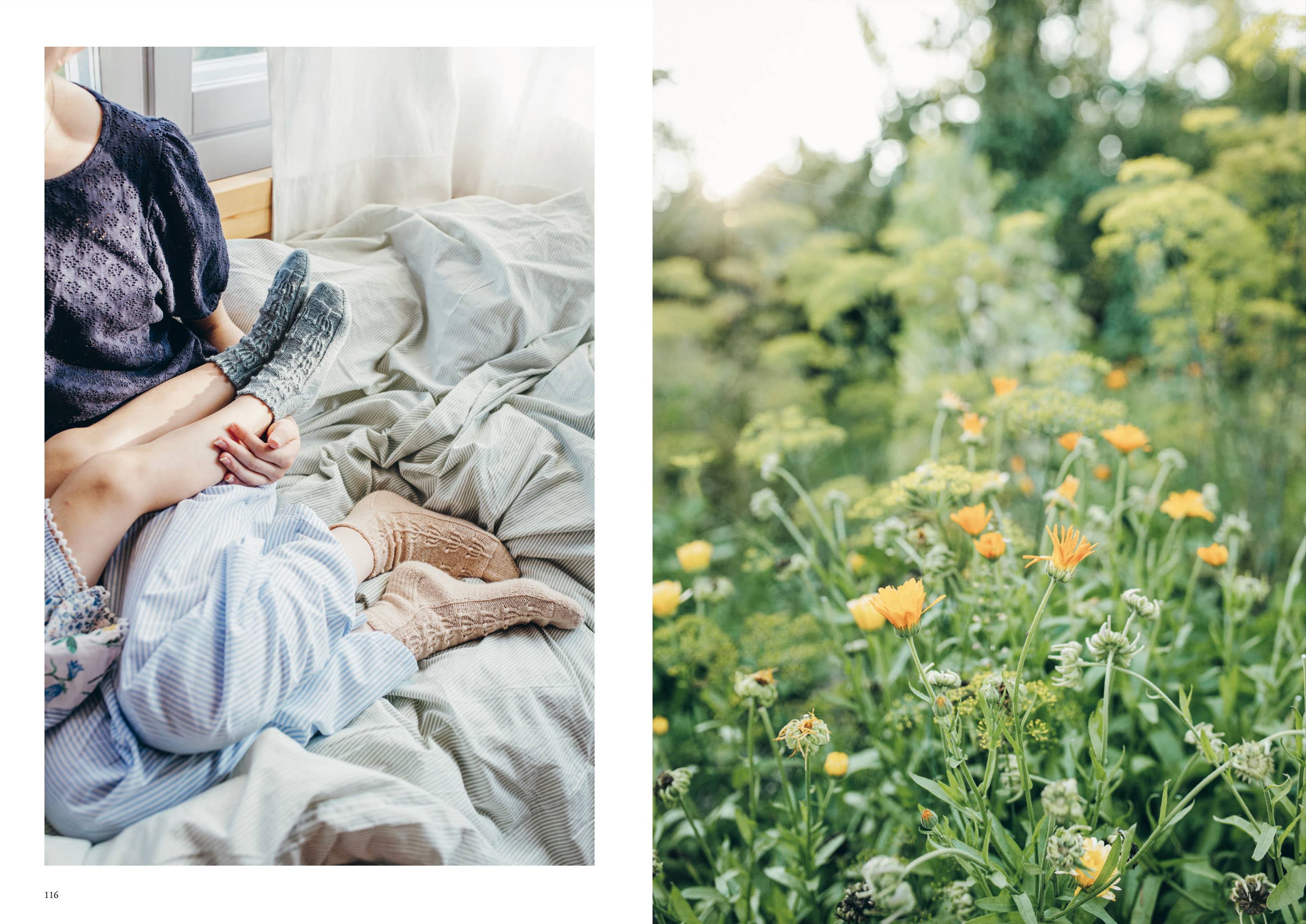 Two images: one of a person sitting on a bed, the other of a field with wildflowers.