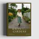 Book cover of 'Knits from my Gardens' with a person walking in a garden.