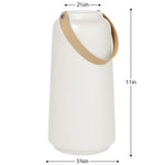 White ceramic vase with matte finish and faux leather handle with dimensions of 11 inches tall a bottom diameter of 5.75 inches and a top opening of 2.5 inches.