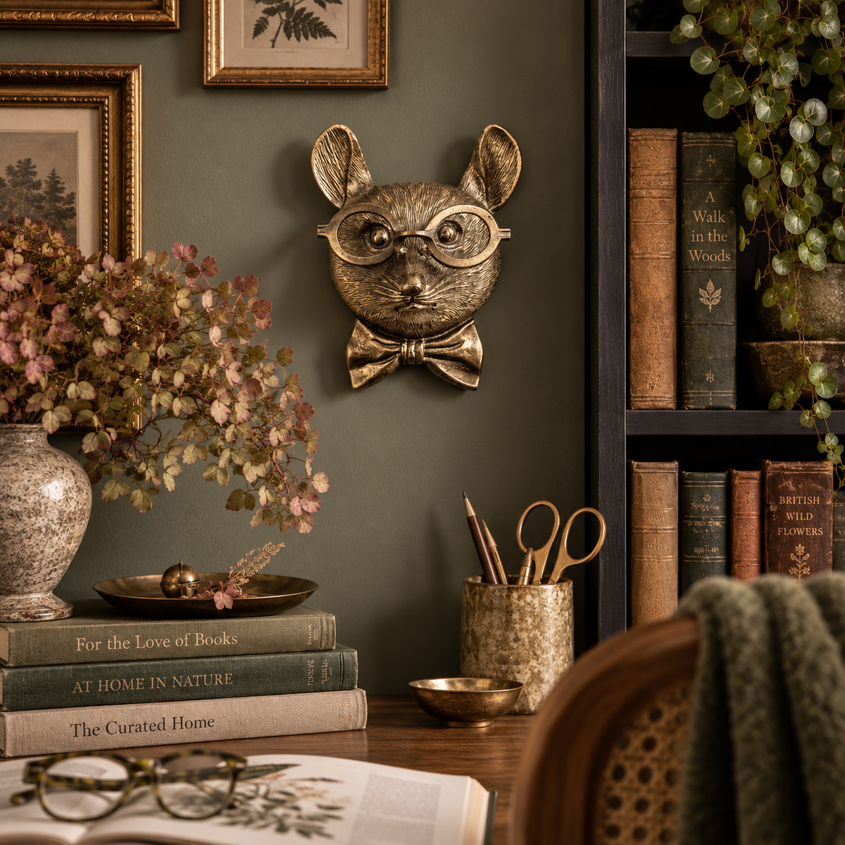 A decorative metallic wall-mounted mouse head sculpture wearing round glasses and a bow tie, displayed in a styled home office or library setting with books, dried flowers, and a bookshelf.