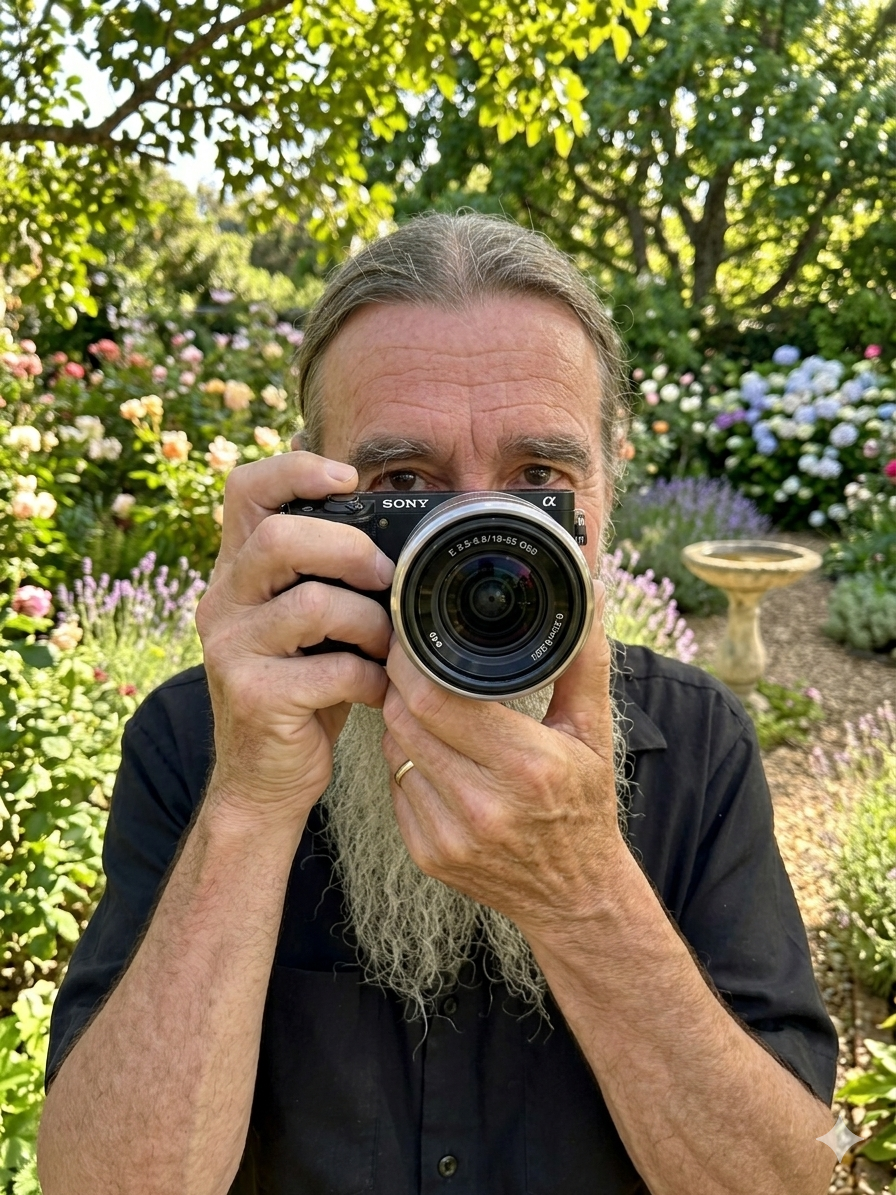 Man holding a Sony camera in front of his face with a garden in the background