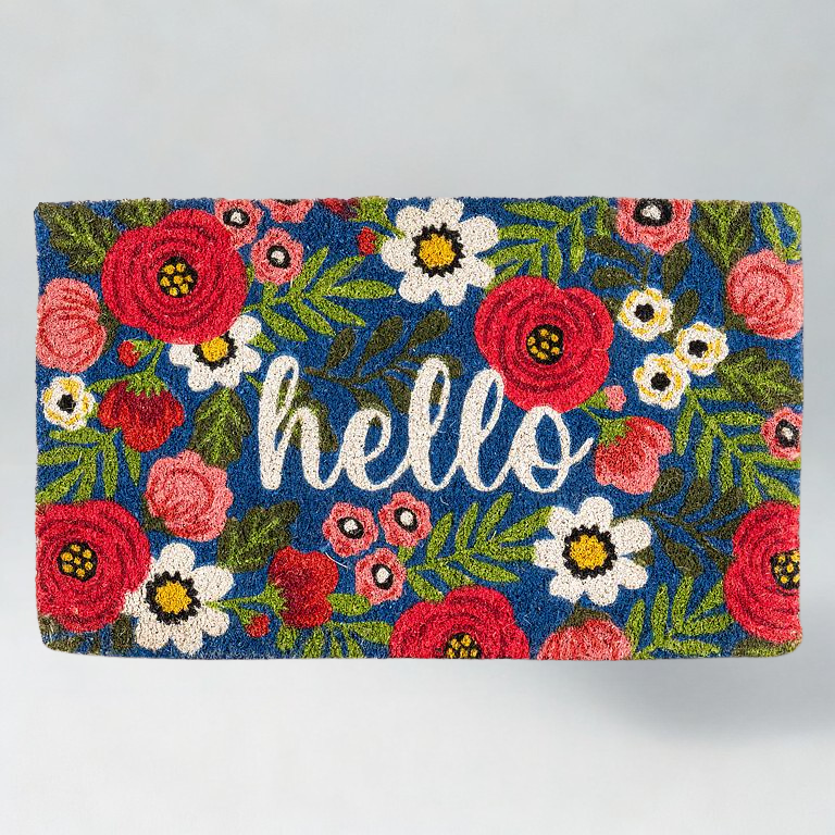 Floral doormat with 'hello' text on a blue background