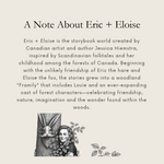 A image that reads 'A Note About Eric + Eloise' at the top, a block of descriptive text in the center, and a black-and-white illustration near the bottom showing a woman beside a tree with a hare.