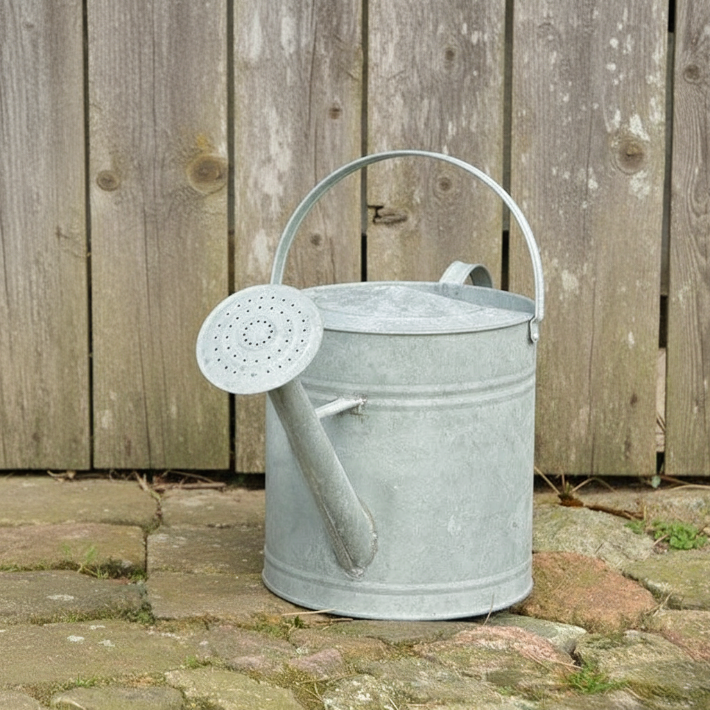 Potted hydrangeas and a metal watering can on a stone surface.