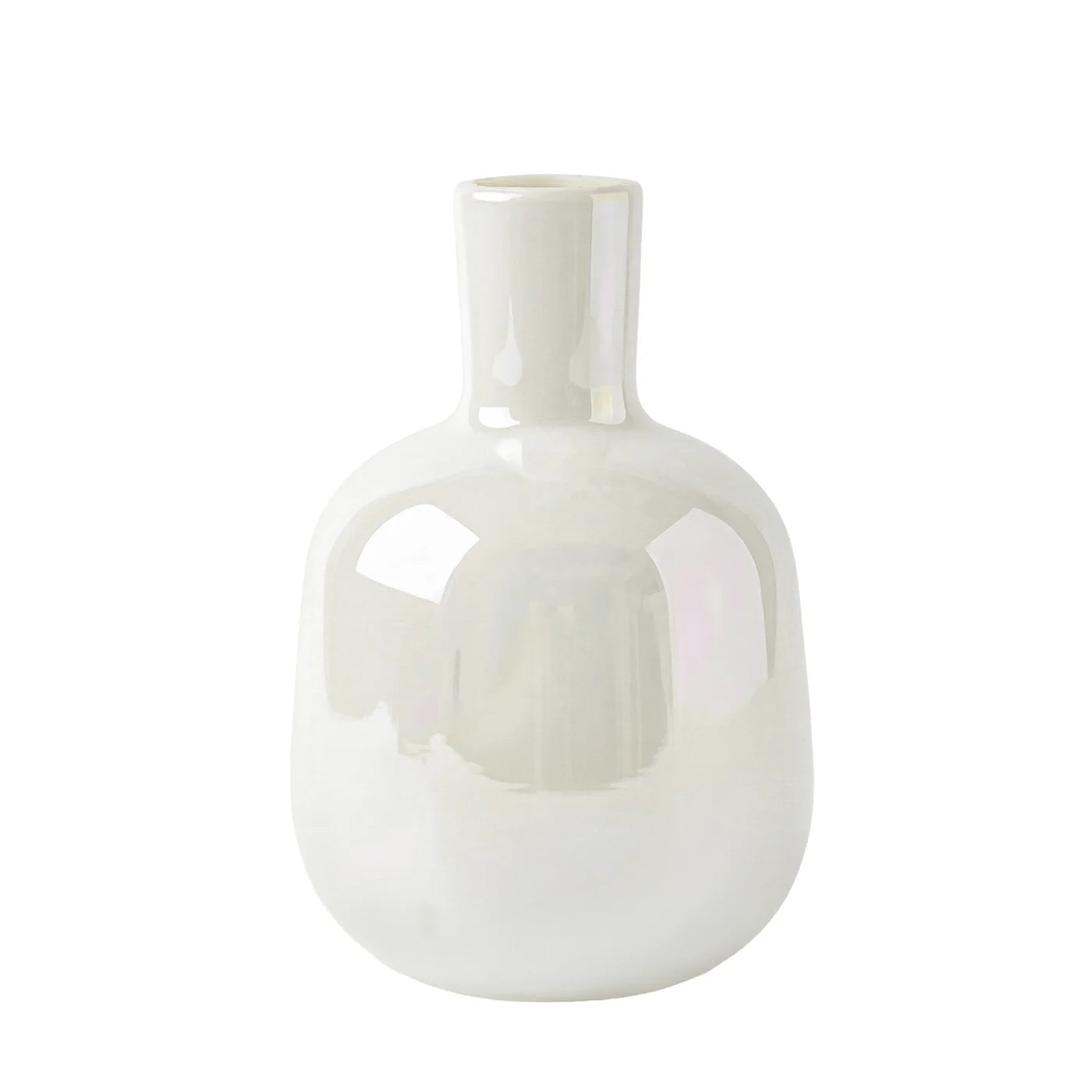 Mini bud vase features a sleek bottle shape and a rainbow lustre glass finish that catches the light beautifully.